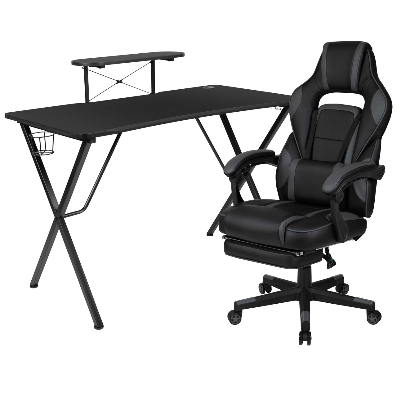 Emma and Oliver Gaming Bundle-Cup/Headphone Desk & Reclining Footrest Chair